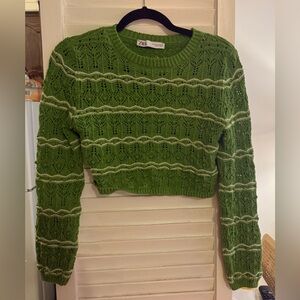 Zara Cropped Green Lace Knit Sweater